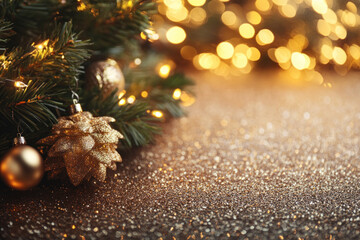 Poster - Christmas tree adorned with gold ornaments and twinkling lights in a cozy living room, casting a warm holiday glow.