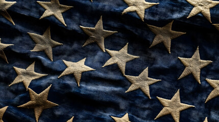 Wall Mural - A close-up shot captures the intricate details of the stars and stripes on a worn American flag, symbolizing resilience and endurance.
