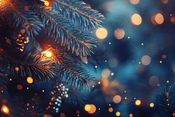 Poster - Christmas tree adorned with twinkling lights and colorful bokeh creating a festive and cozy ambiance, perfect for holiday celebrations.