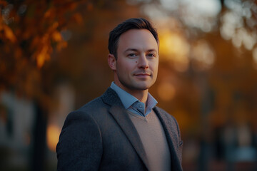 Professional headshot of a man dressed in smart casual attire, outdoors in evening light