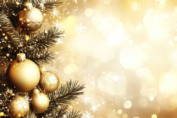 Canvas Print - Christmas background with golden baubles and fir tree branches.