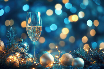 Wall Mural - Glass of champagne surrounded by Christmas decorations and twinkling lights.