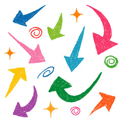 Poster - Colorful crayon hand drawn Arrows icons Set. arrow icon with various directions. Doodle vector illustration. isolated on a white background