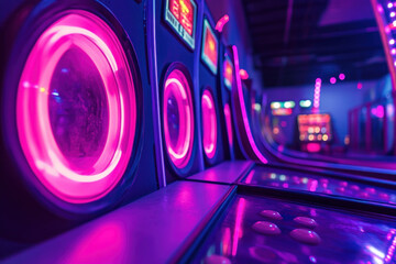 Row of washing machines with colorful lights, spinning and splashing water, in a brightly lit laundromat, creating a vibrant and dynamic visual display.