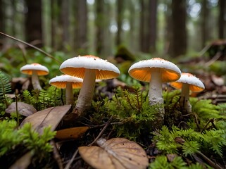 White and orange cap mushrooms growing naturally in the woods surrounded by forest vegetation
