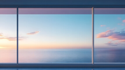 Wall Mural - Ocean View from Modern Window at Dawn. Large window with sea and sky gradient. Interior design and peaceful living concept
