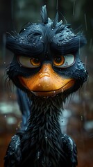 Poster - Cute Bird in the Rain: A 3D Illustration