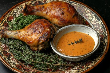 A beautifully presented platter of two whole, golden-brown duck legs with a richly textured skin and well-rimmed tail feathers.