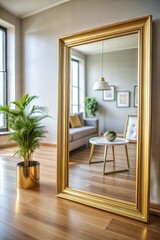 Wall Mural - gold-framed mirror reflecting stylish living room interior modern elegance