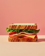 Delicious sandwich with ham, tomatoes, slices of cheese and fresh vegetables on a colorful background.