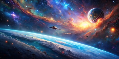 Wall Mural - a lone spacecraft navigates through the vast cosmic tapestry, passing a glowing planet and a fiery n
