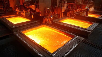 Workers manage molten metal in a vibrant industrial setting, showcasing the intricate process of metal casting and manufacturing.