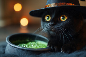 A cute black cat wearing a witch's hat, sitting beside a cauldron bubbling with bright green liquid.