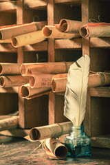 Poster - Ancient library full of old manuscripts in wooden box