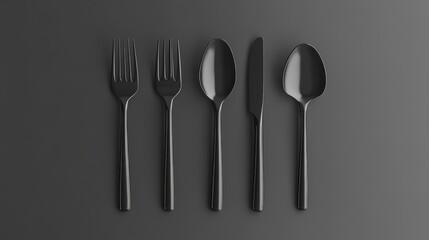 A set of elegant black cutlery arranged neatly on a dark background