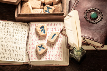 Poster - Runic stones and old book with ancient language