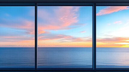 Poster - Ocean View from Modern Window at Dawn. Large window with sea and sky gradient. Interior design and peaceful living concept