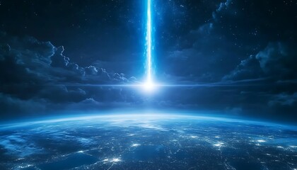 a bright blue beam shines down from the sky, illuminating the earth's surface with its light. the sc
