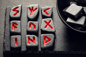 Poster - Old enchanted rune with red signs based on futhark alphabet