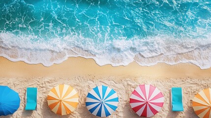 Vibrant summer background featuring a sandy beach with colorful umbrellas and towels.