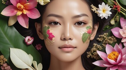 Wall Mural - Artistic close-up of a asai asia woman's face overlaid with lush plants and flowers