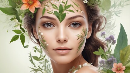 Wall Mural -  Woman's face blended with beautiful plants and flowers, close-up artistic style.