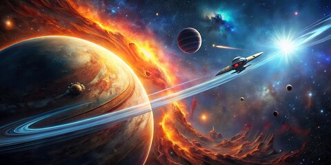 Wall Mural - a lone spacecraft navigates a vast expanse of cosmic wonder, tracing a luminous path along the rings