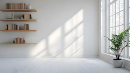 Wall Mural - A white room with a large window and a shelf with books. The room is empty and has a minimalist feel