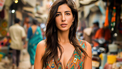 A young woman in colorful traditional attire stands confidently in a bustling market. The vibrant atmosphere highlights her style and cultural background.