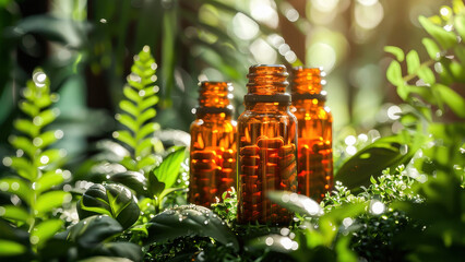 Three amber glass bottles with herbal medicine surrounded by lush greenery in sunlight, capturing the essence of natural remedies and wellness.