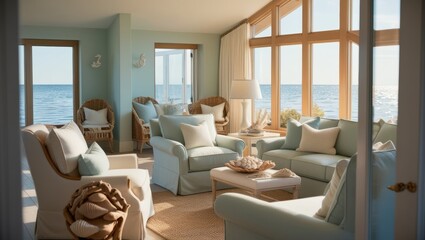 Wall Mural - Minimalist coastal living room featuring neutral tones and soft blue accents