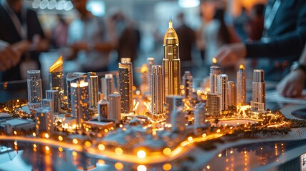 A model of a modern city with skyscrapers on an exhibition table