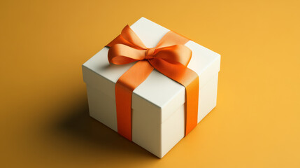 white gift box with orange ribbon sits elegantly on matching orange background, creating harmonious and festive atmosphere