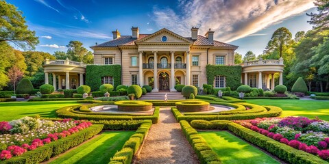 A majestic estate with manicured gardens and a grand entrance, showcasing the epitome of elegance and timeless beauty.