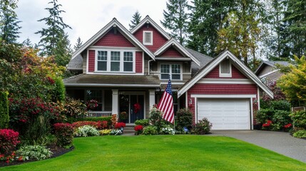 A cozy suburban house adorned with red, white, and blue decorations, showcasing an American flag in the yard.