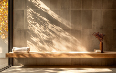 Morning light casts shadows in a serene spa space with a towel and decorative vase