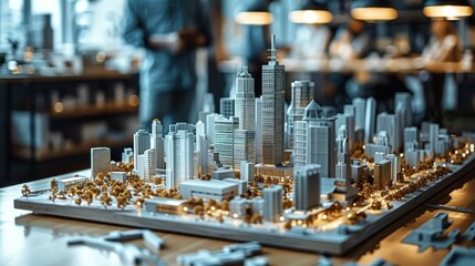 A model of a futuristic city with skyscrapers on an exhibition table