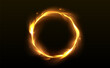 © klyaksun - Round fire frame isolated on black background. Vector realistic illustration of flame ring glowing and sparkling in darkness, circular fiery border for magic circus show, heat energy vortex, firework
