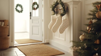 An empty scene featuring a stylish entryway with a festive vibe, where beautiful customizable stockings hang from a decorative hook by the door, surrounded by holiday dÃ©cor, 