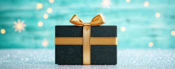 Black Gift Box with Gold Ribbon and Glitter Background for Celebration