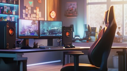 Poster - A cozy game design studio with computers and game development tools, Game development tools organized in a creative studio space, Digital studio style