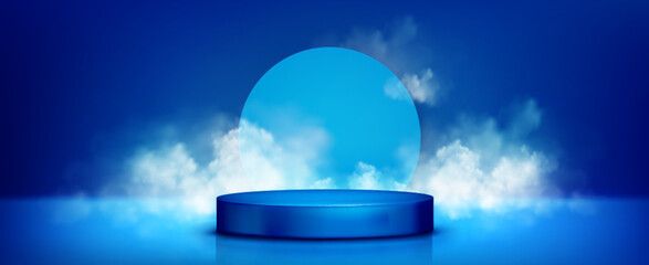 Poster - Round podium on sky blue background with clouds of smoke. Vector realistic illustration of product presentation platform, modern advertising showroom with heavenly design, neon illumination in mist
