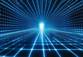 blue grid background with light beams creates futuristic tunnel effect, evoking sense of digital space and technology. glowing lines converge at bright point, suggesting depth and motion