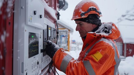 A weather station employee installs a weather probe. A modern weather station in Antarctica