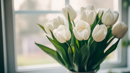 White fresh beautiful tulips for women's holiday , isolated on a light background, free space, bouquet of spring flowers,High quality photo,White tulip flowers in vase
