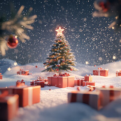 Wall Mural - beautifully decorated christmas tree stands in snowy landscape, surrounded by numerous gift boxes. s