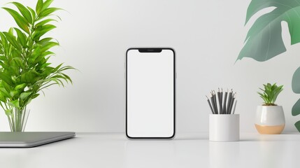 Wall Mural - A smartphone mockup with customizable screen options, placed in a bright, modern workspace.