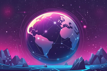 Poster - A vibrant, digital globe surrounded by mountains and stars, symbolizing connectivity and technology.