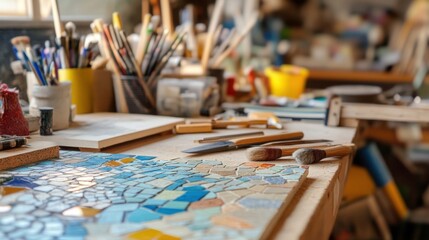 Poster - A cozy mosaic art studio with mosaic tiles and artistic tools, Mosaic tools arranged in a creative workshop, Artistic studio style