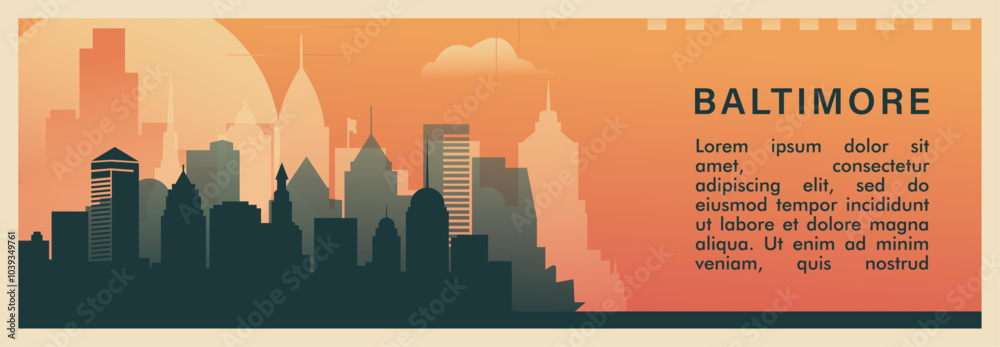 Baltimore city brutalism vector banner with skyline, cityscape. USA ...